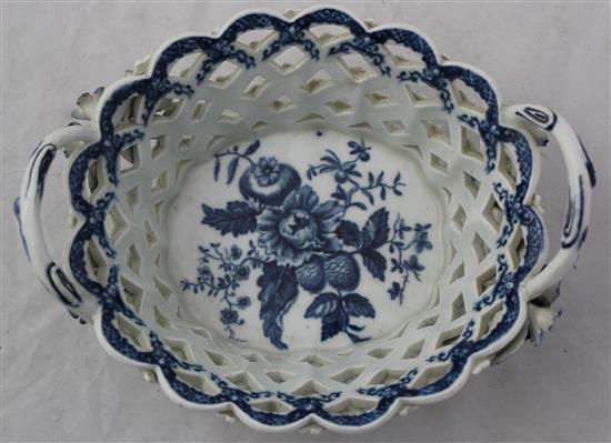 A Worcester Pine Cone pattern oval twin handled basket. c.1775, width 19cm, small losses to flowers